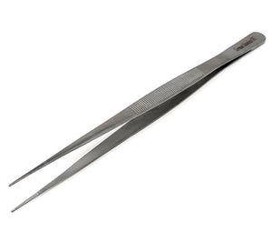 Fine Precision Point Tweezers Lab Forceps 8" Straight Serrated Tips, Ridged Handle Grip, Stainless Steel