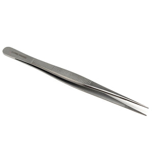 Fine Precision Point Tweezers Lab Forceps 5.5" Straight Serrated Tips, Ridged Handle Grip, Stainless Steel