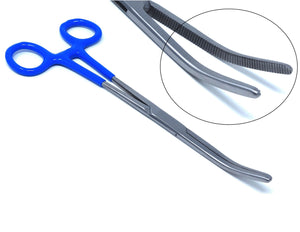 Premium Quality Blue PVC Vinyl Grip Handle Hemostat Forceps Curved Serrated 8"