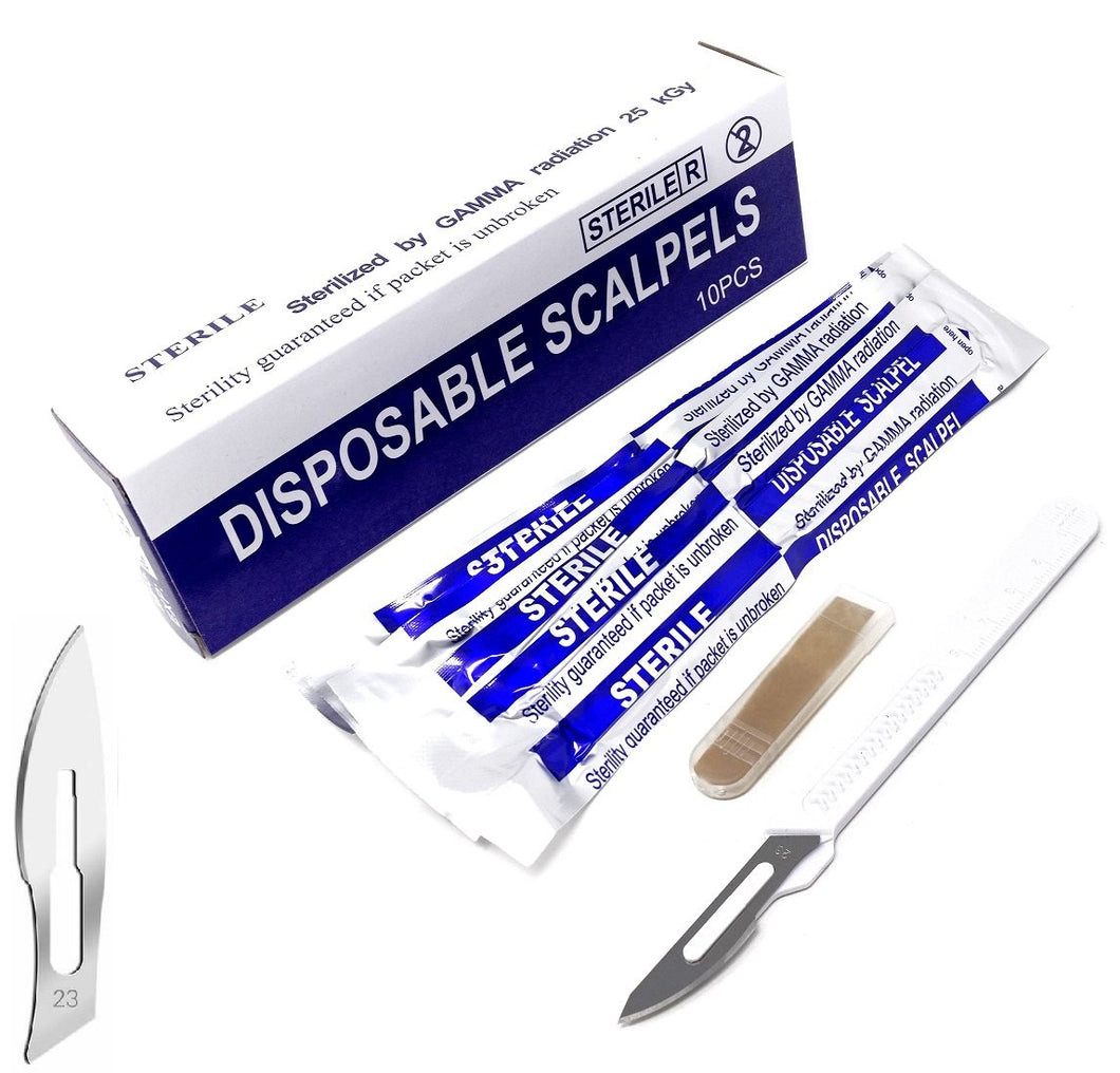 Disposable Scalpels #23, High-Carbon Steel Blades, Plastic Handle, Sterile,  Box of 10