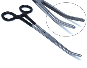 Premium Quality Black PVC Vinyl Grip Handle Hemostat Forceps Curved Serrated 8"