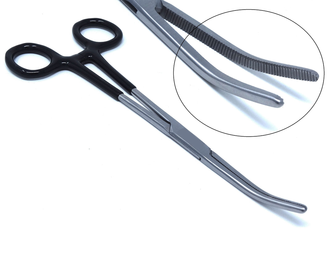 Premium Quality Black PVC Vinyl Grip Handle Hemostat Forceps Curved Serrated 8