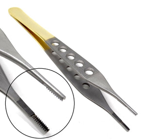 TC Adson Brown Tissue 9x9teeth Forceps 6", Straight, Fenestrated Gold Handle, Stainless Steel