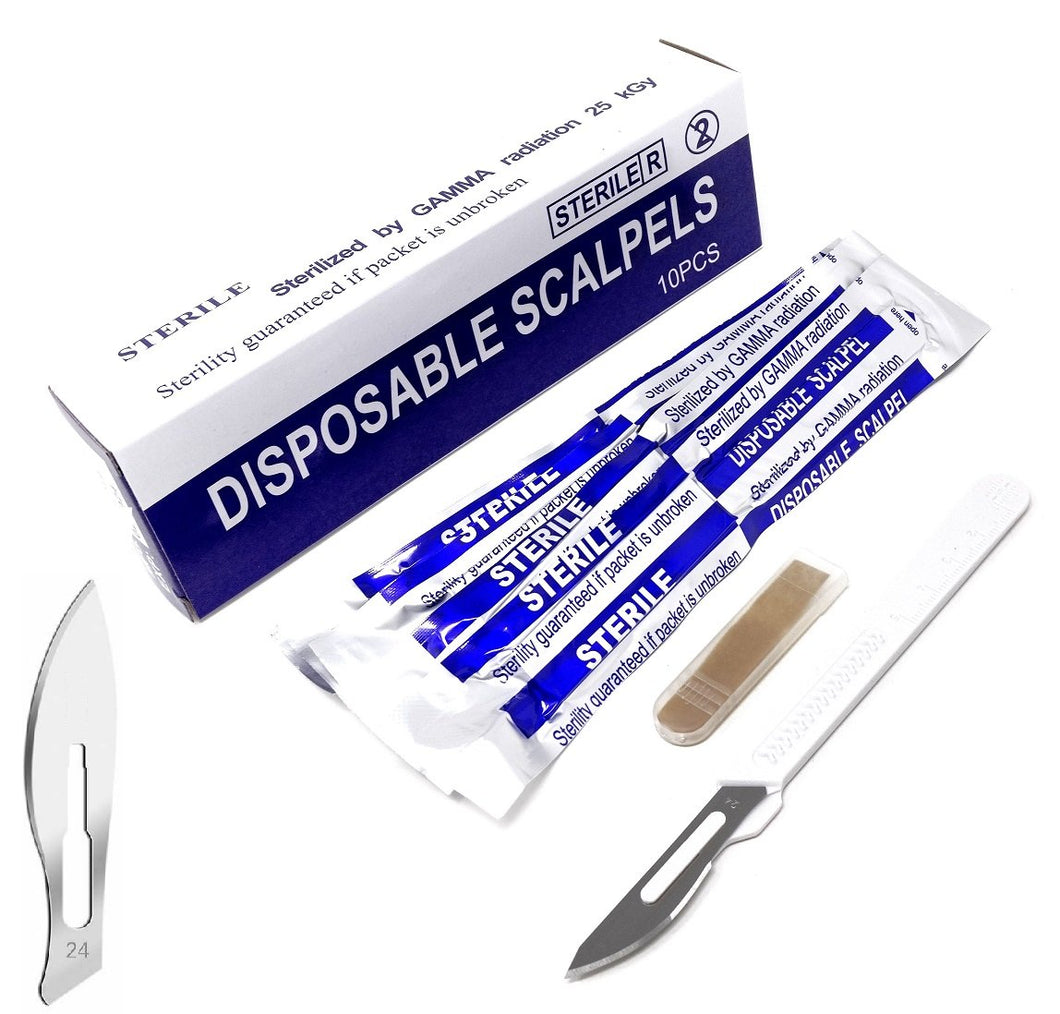 Disposable Scalpels #24, High-Carbon Steel Blades, Plastic Handle, Sterile,  Box of 10