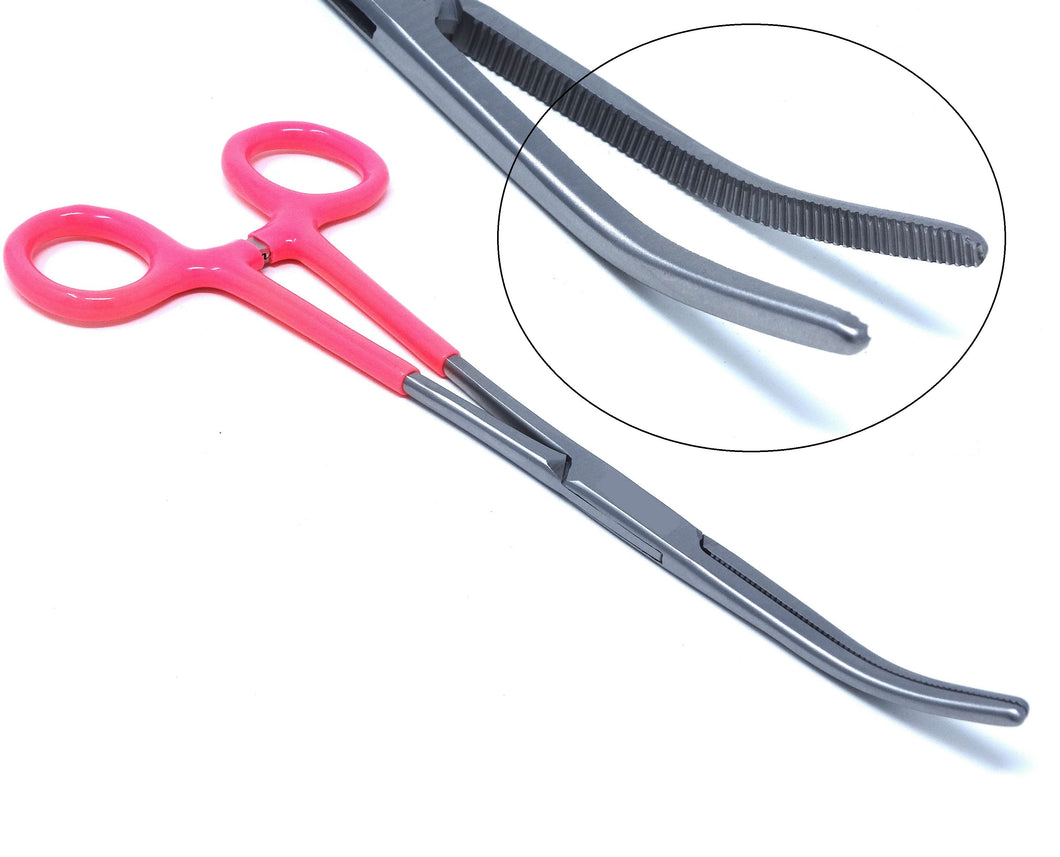 Premium Quality Pink PVC Vinyl Grip Handle Hemostat Forceps Curved Serrated 10